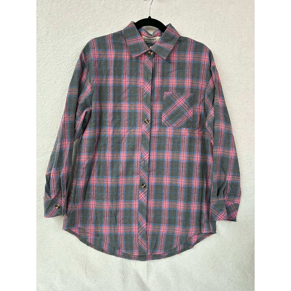 Size Small Lovesoft Womens Pink Grey Plaid Button Down Flannel Shirt Long Sleeve